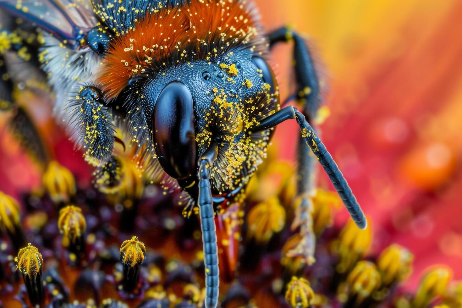 of Bee Covered in Pollen on Sunflower Vibrant nature background and Colors photo