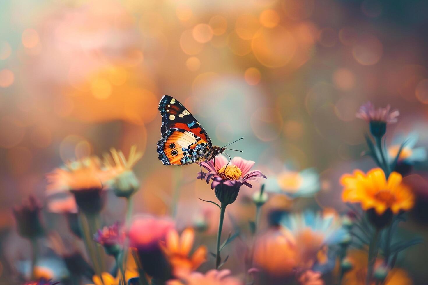 Vibrant Butterfly Perched on Wildflowers Wings Spread to Showcase Natures Intricate Patterns and Background photo