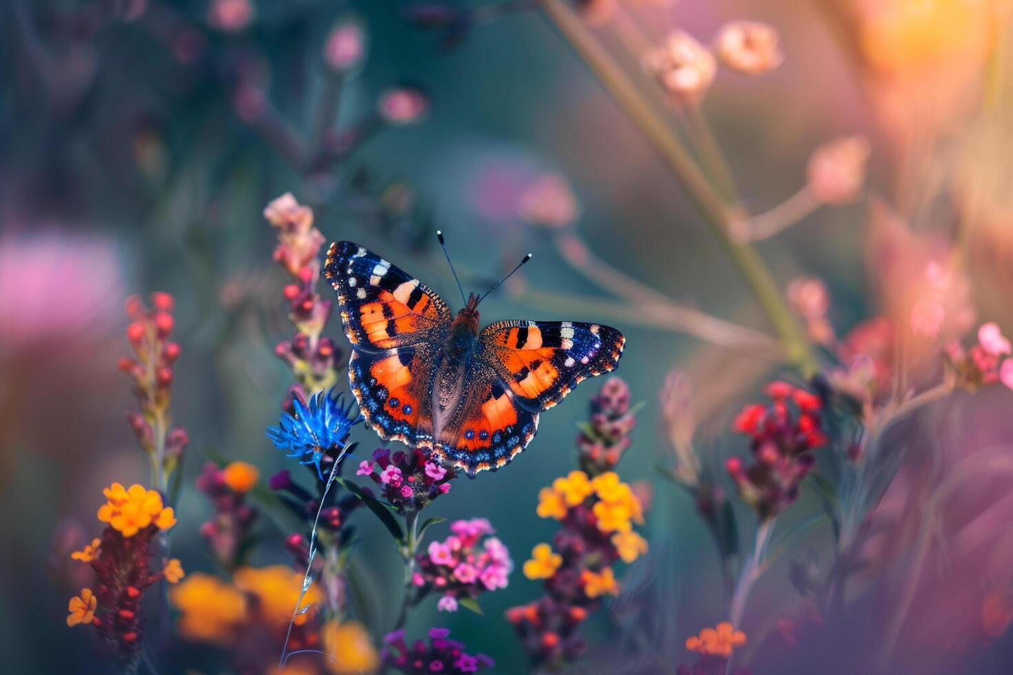 Butterfly on Colorful Wildflowers Wings Spread to Reveal Vibrant Patterns and nature background in Meadow Setting photo