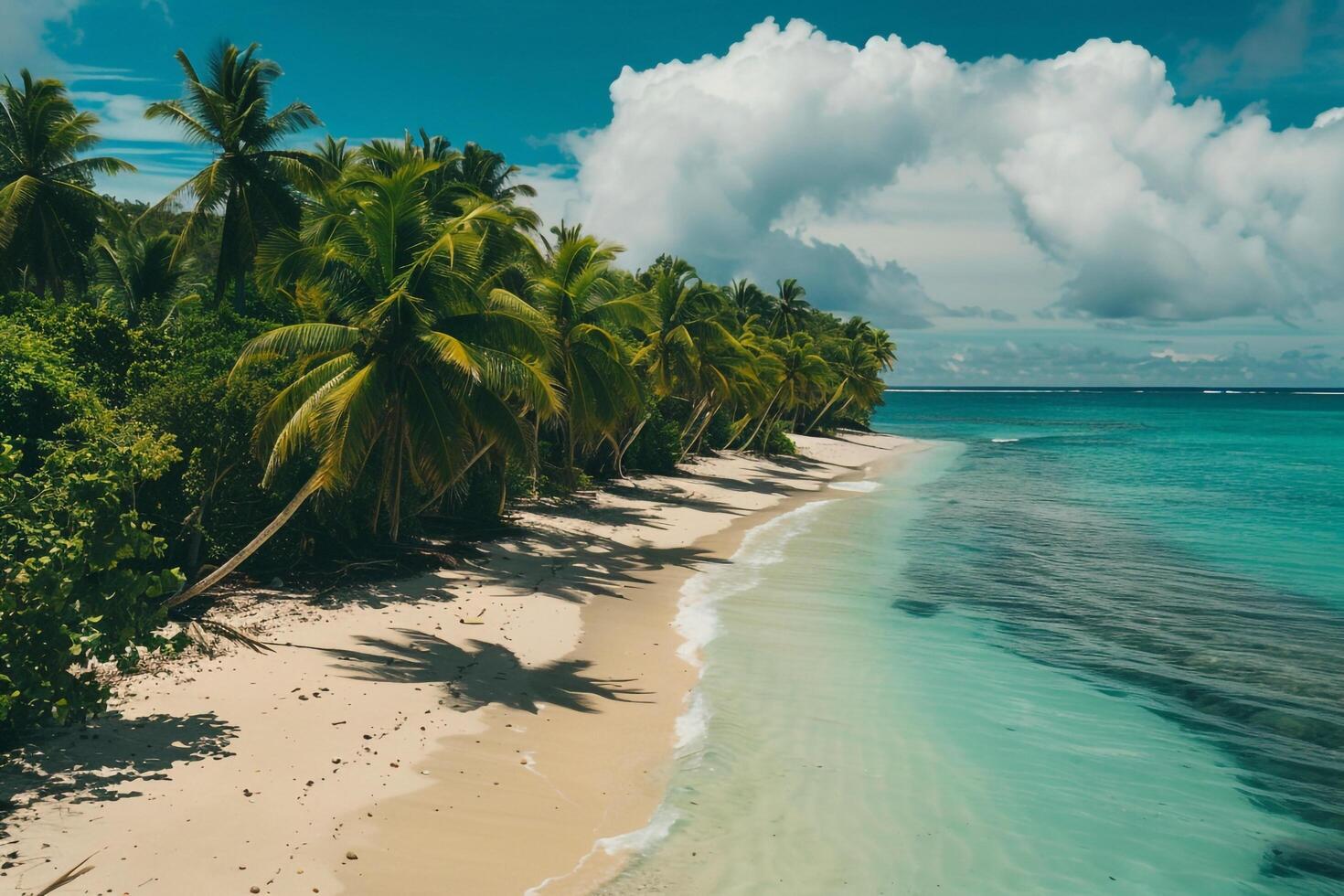 Lush Tropical Beach with Palm Trees White Sand and Azure Waters Vibrant nature background photo