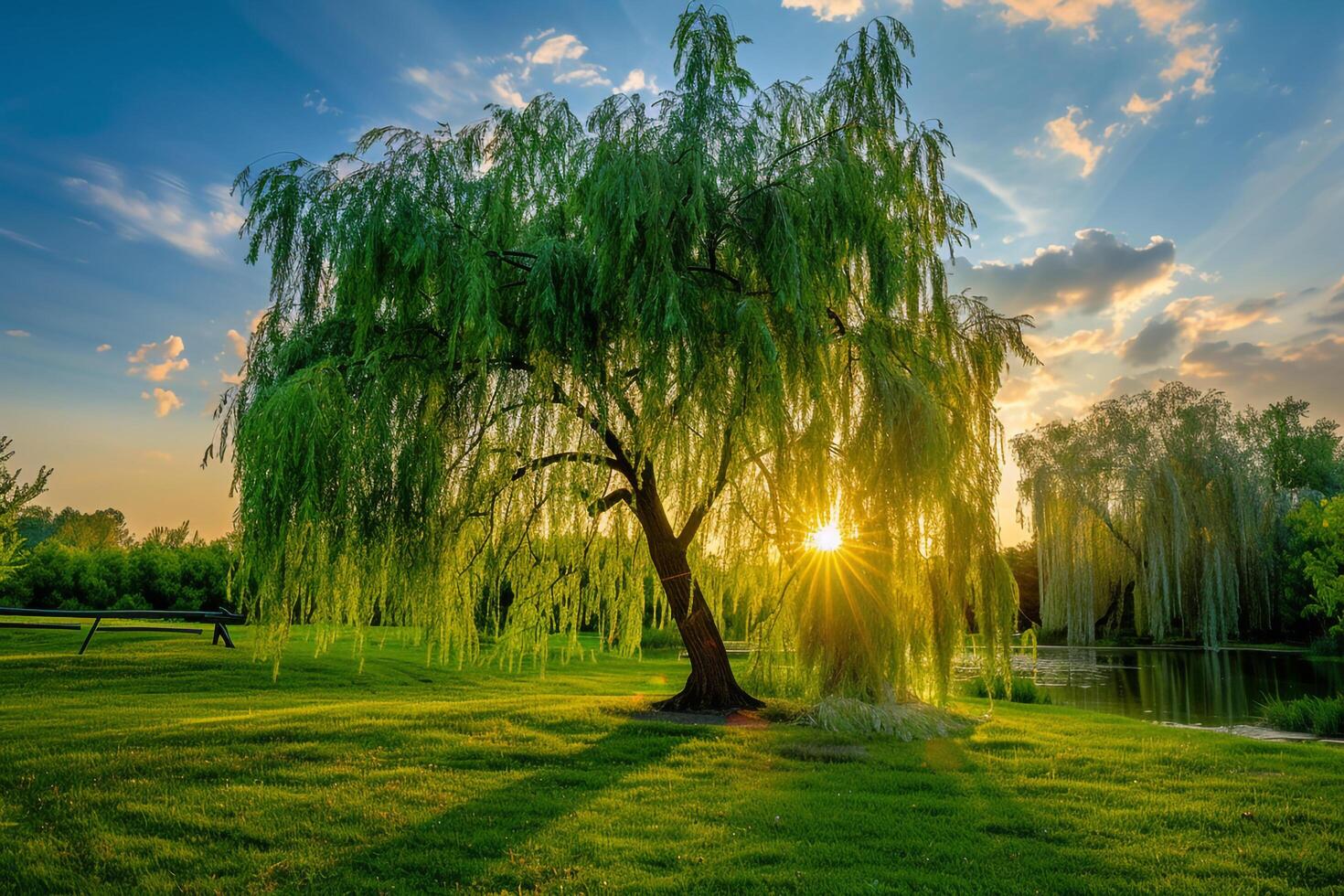 Majestic Willow Tree in a Wide Garden Landscape with Golden Hour Lighting nature background photo