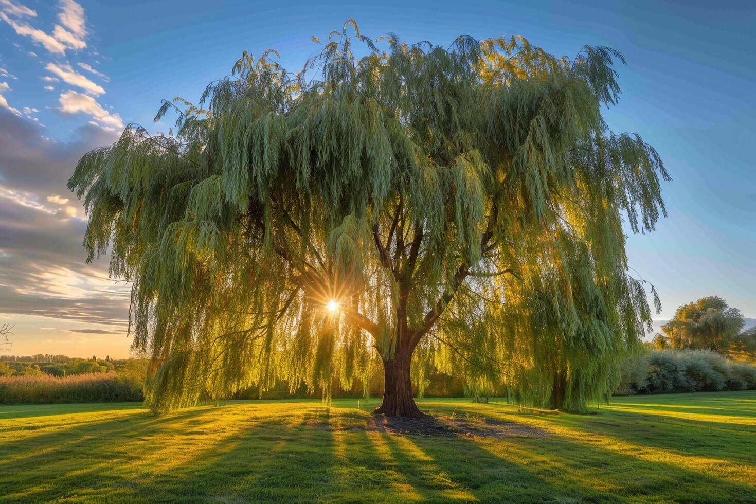 Majestic Willow Tree Framing a Golden Hour Landscape Garden Natures Tranquil Background photo