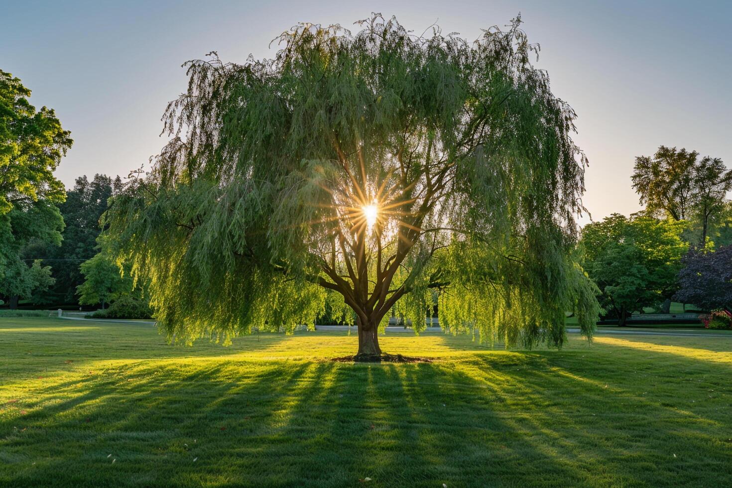 Majestic Willow Tree Illuminated by Golden Hour in a Wide Garden Setting nature background photo