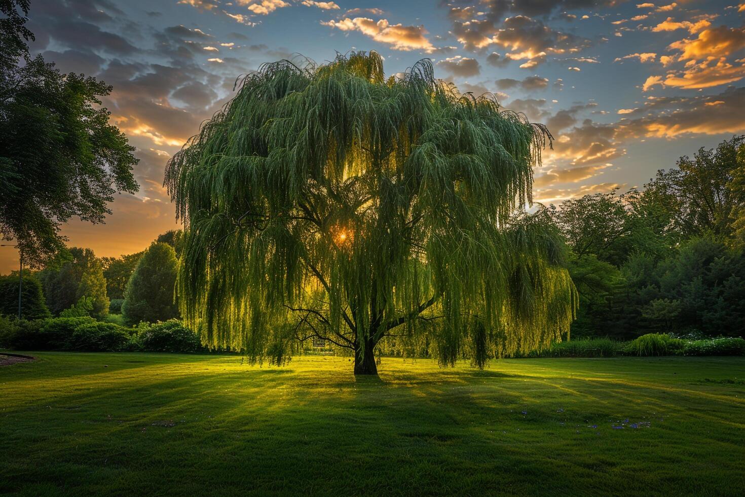 Majestic Willow Tree Against a Sunset Background in a Wide Landscape Garden Nature Beauty photo