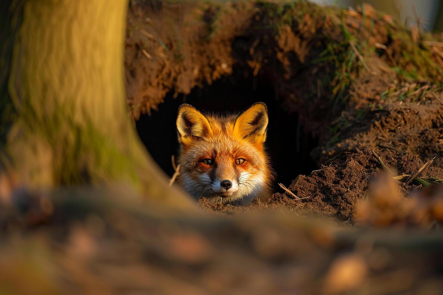 Curious Fox in Morning Light Emerging from Den nature background Wildlife photo