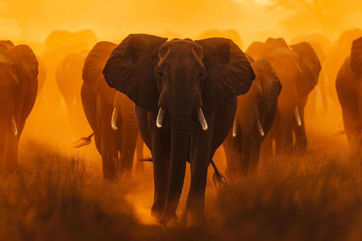 Elephants Walking Through Sunlit Clearing in the African Savannah nature background photo