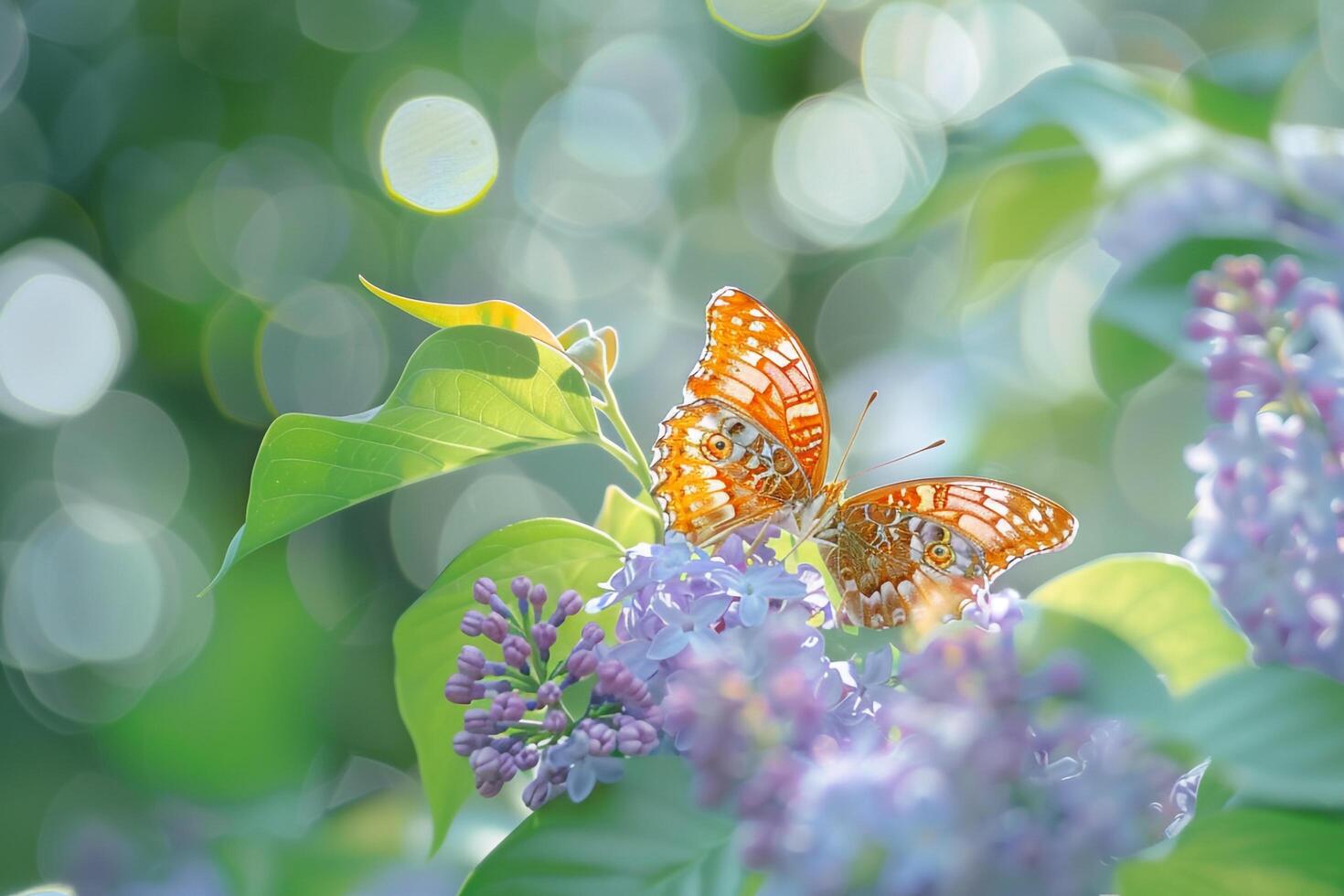 Butterflies Resting on Fresh Green Leaves Among Blooming Lilac Bushes nature background photo