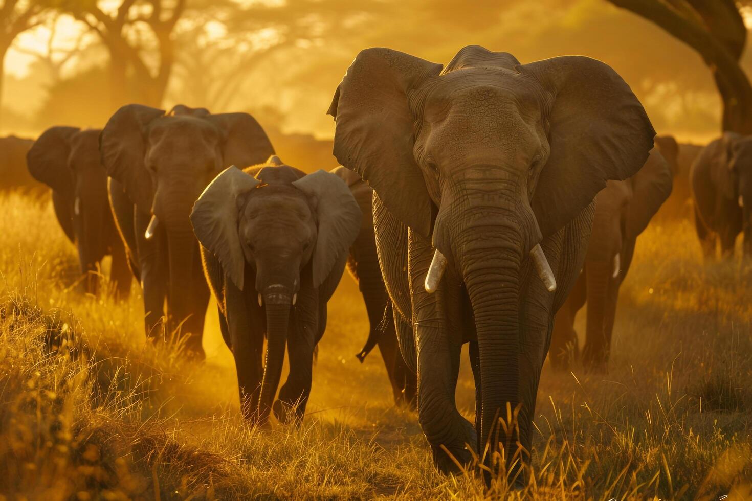 Sunlit Clearing in African Savannah with Herd of Elephants nature background photo