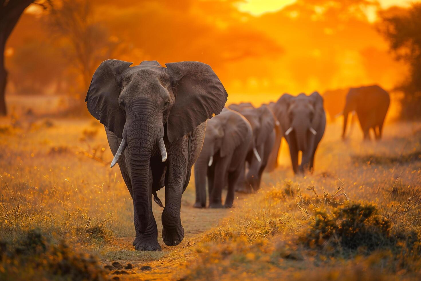 Herd of Elephants Walking Through Sunlit Clearing in African Savannah nature background photo
