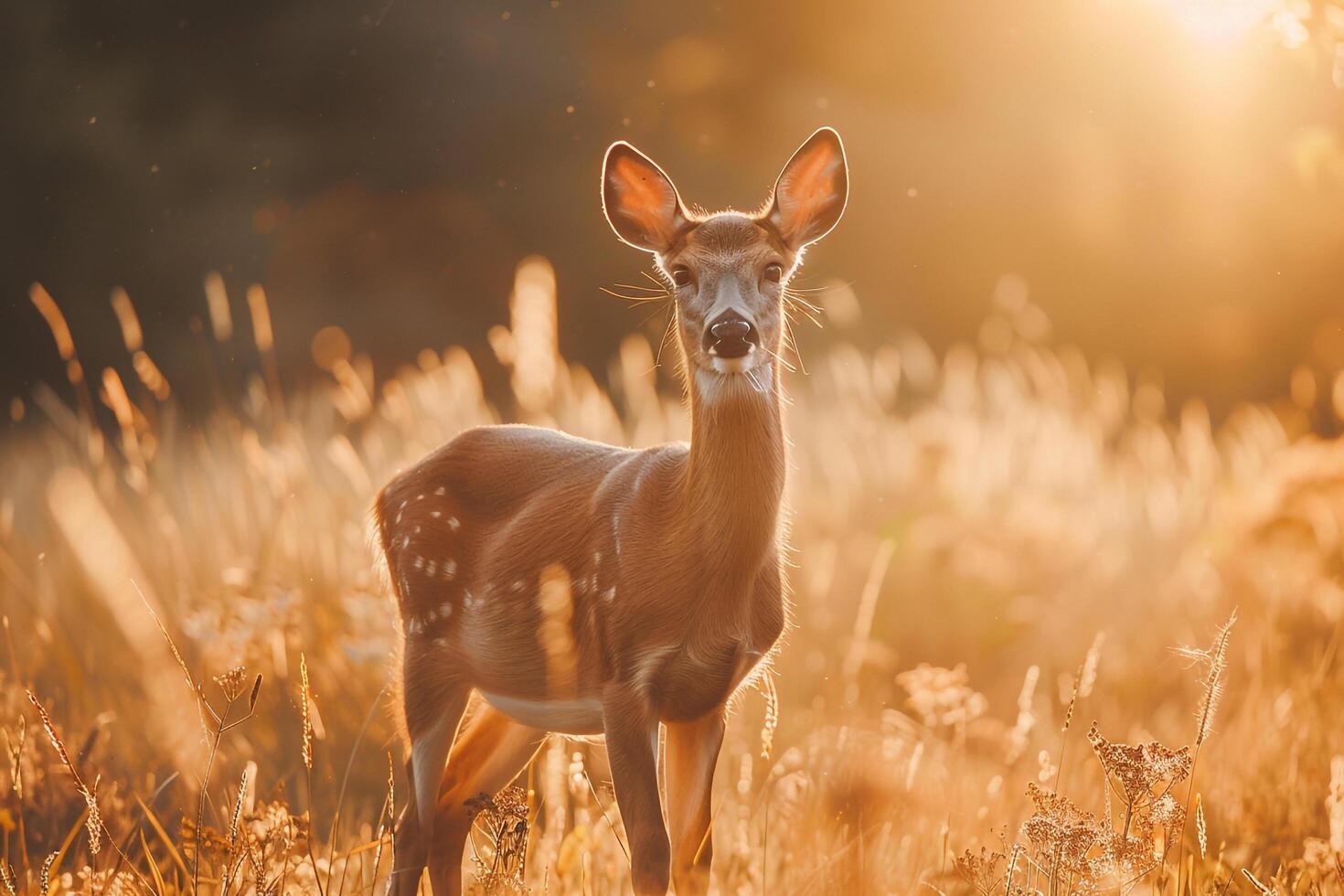 Deer Standing in Sunlit Meadow Looking Towards the Camera nature background photo