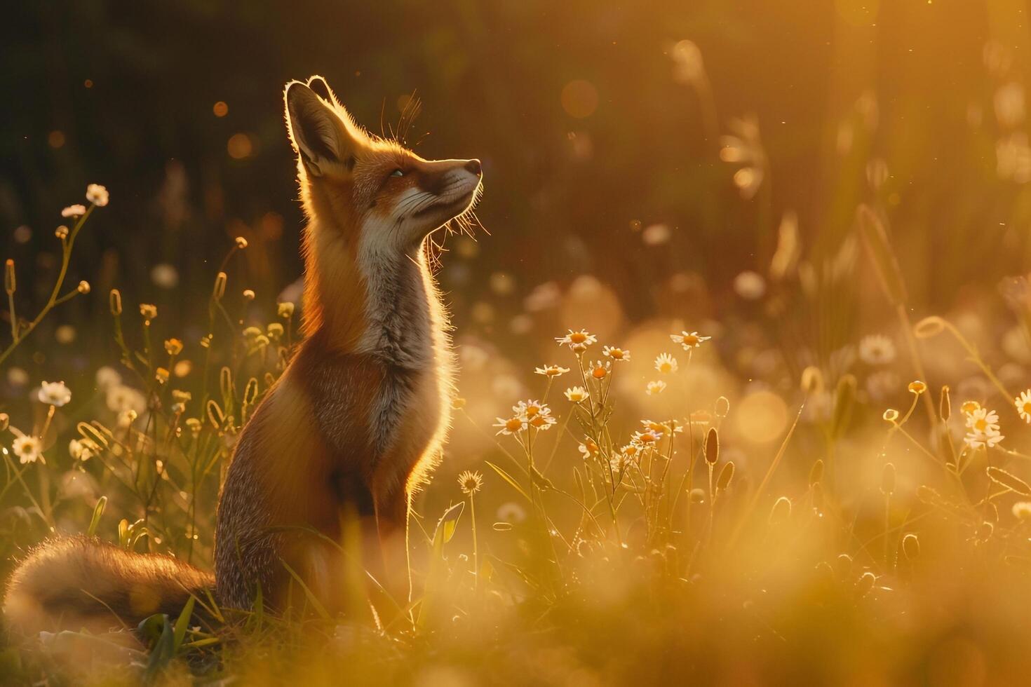 Fox Exploring Sunlit Meadow Dotted with Wildflowers nature background photo
