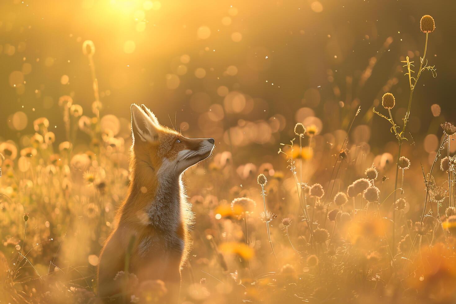Fox Exploring Vibrant Sunlit Meadow with Wildflowers nature background photo
