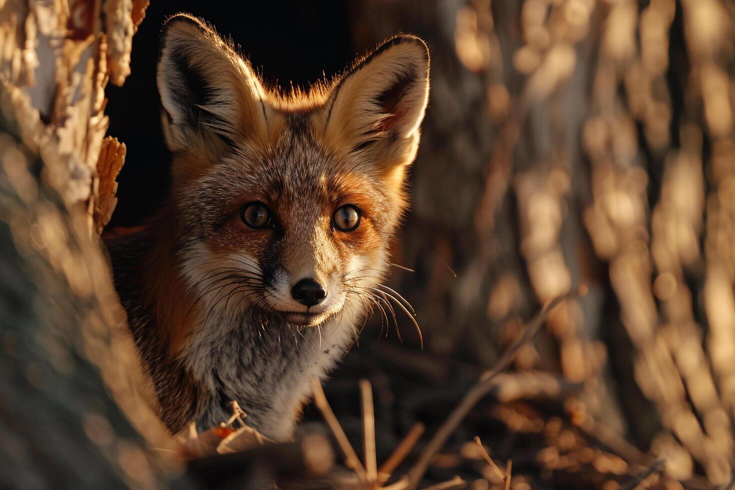 Fox Emerging from Its Den Bathed in Morning Light nature background photo