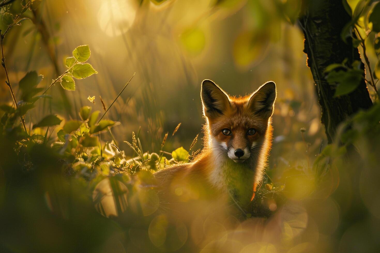 Fox Coming Out of Den in Golden Morning Light nature background photo