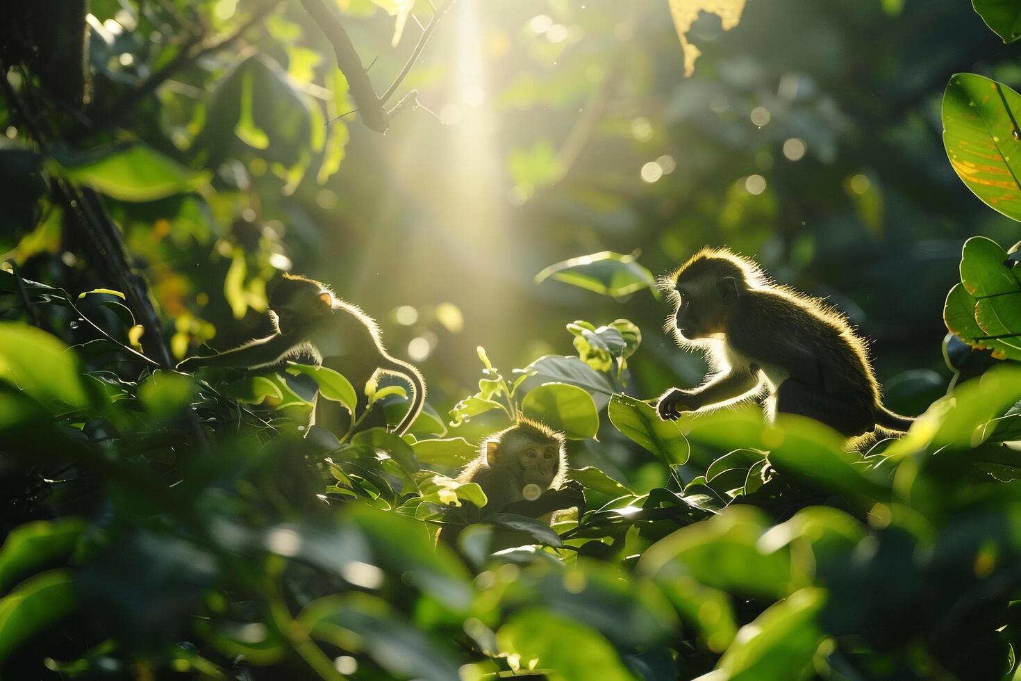 Monkeys Playfully Engaging in Sunlit Jungle Background photo
