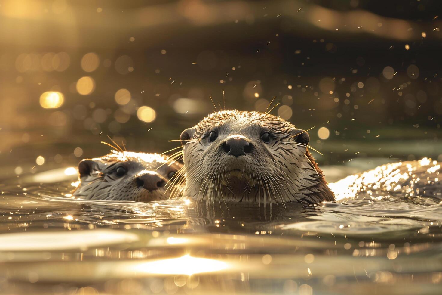 Otters Playing in a Sunlit River with Vibrant nature background photo