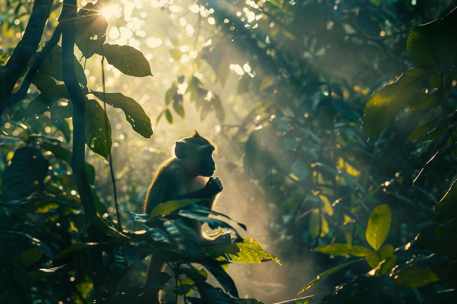 Monkeys Enjoying Sunlit Jungle Foliage with nature background photo