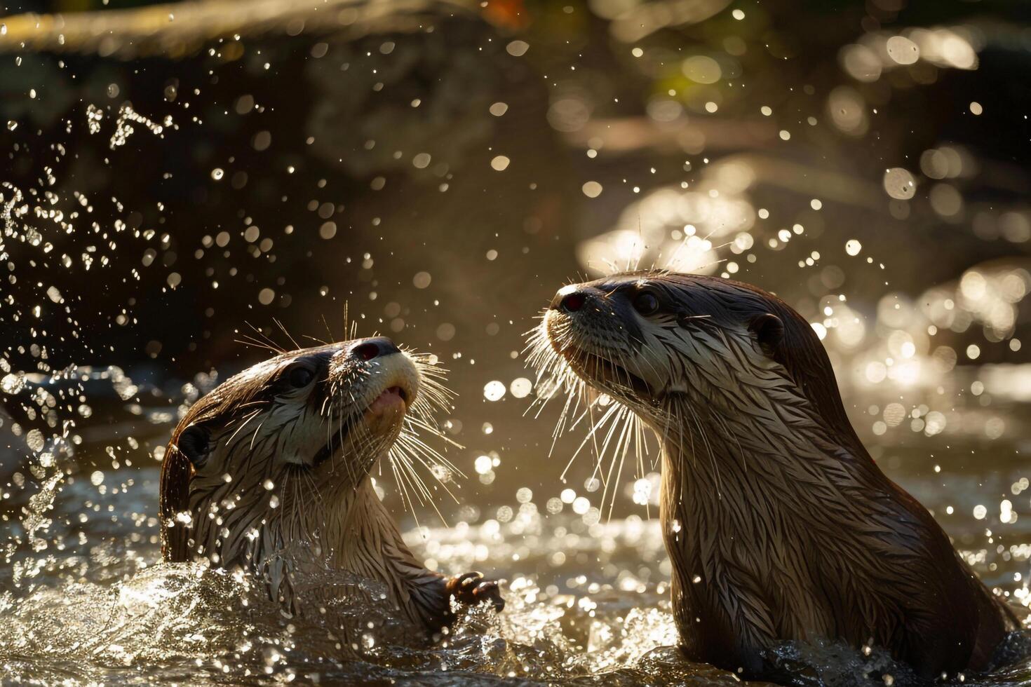 Otters Playing in Sunlit Stream Background with Sparkling Water in Nature photo