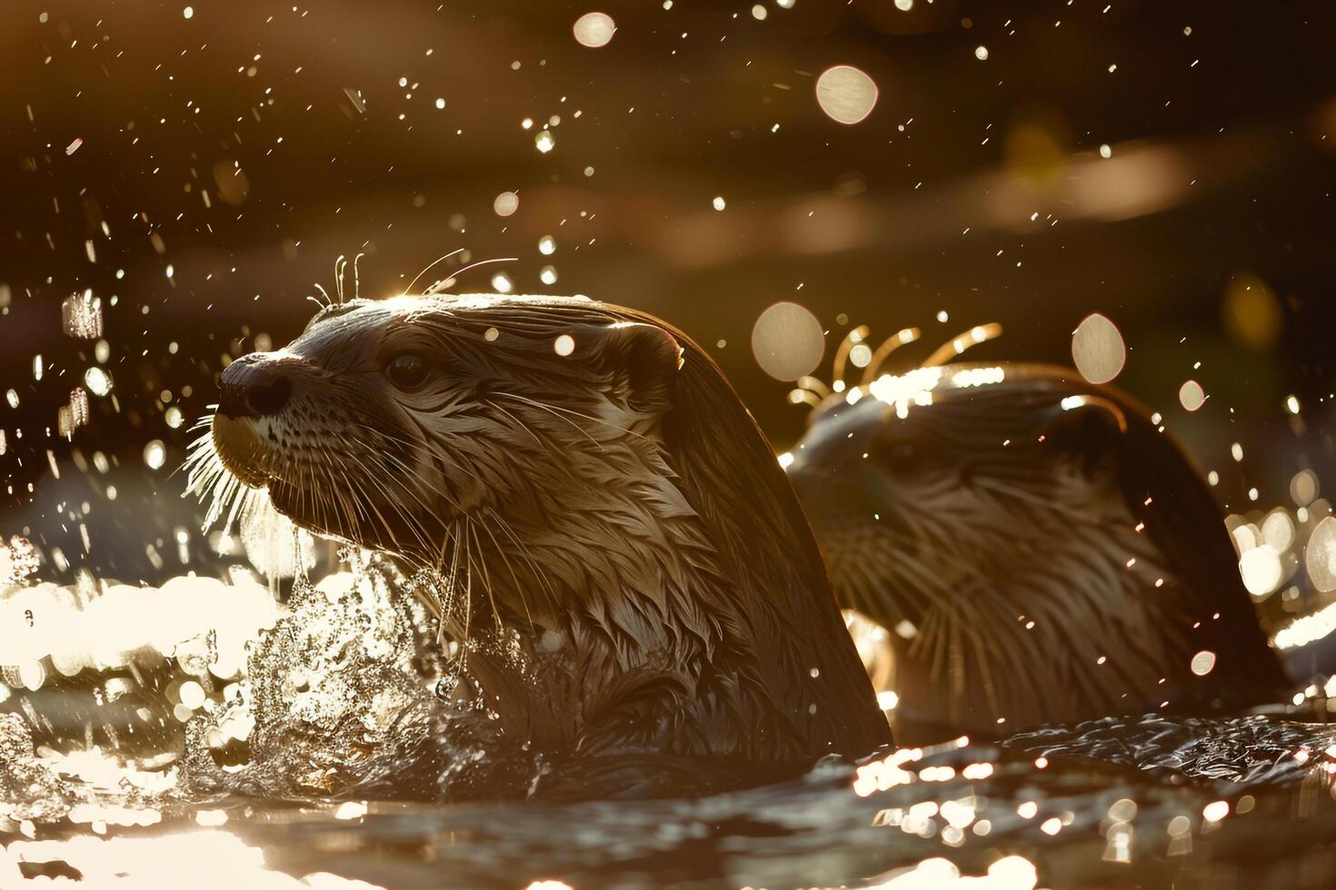 Playful Otters in Sunlit Stream with Sparkling Water Background in Nature photo