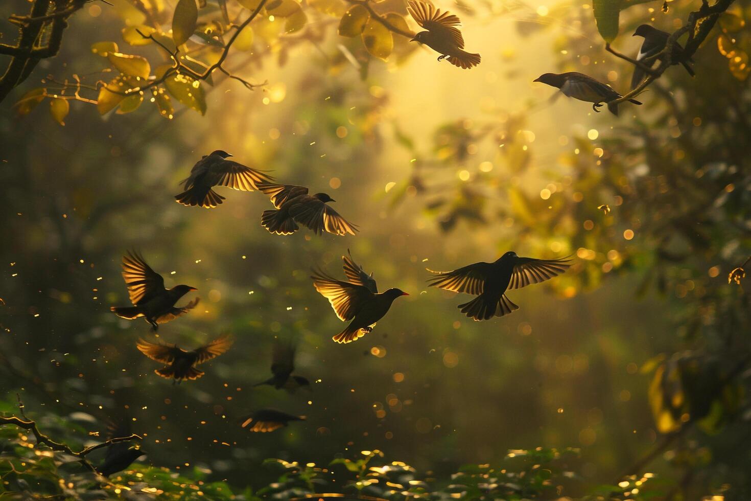 Playful Birds in Sunlit Forest Clearing with Natural Background in Nature photo