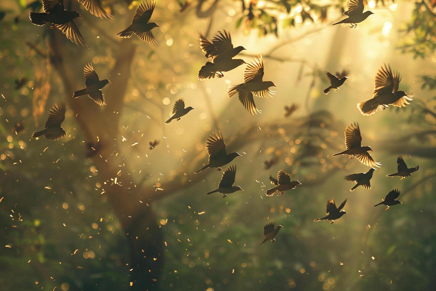 Playful Birds Flying Through Sunlit Forest Clearing Background in Nature photo