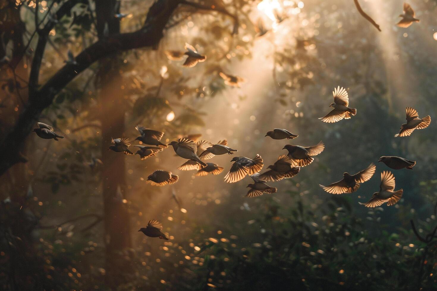 Playful Birds in Sunlit Forest Clearing with Natural Background in Nature photo