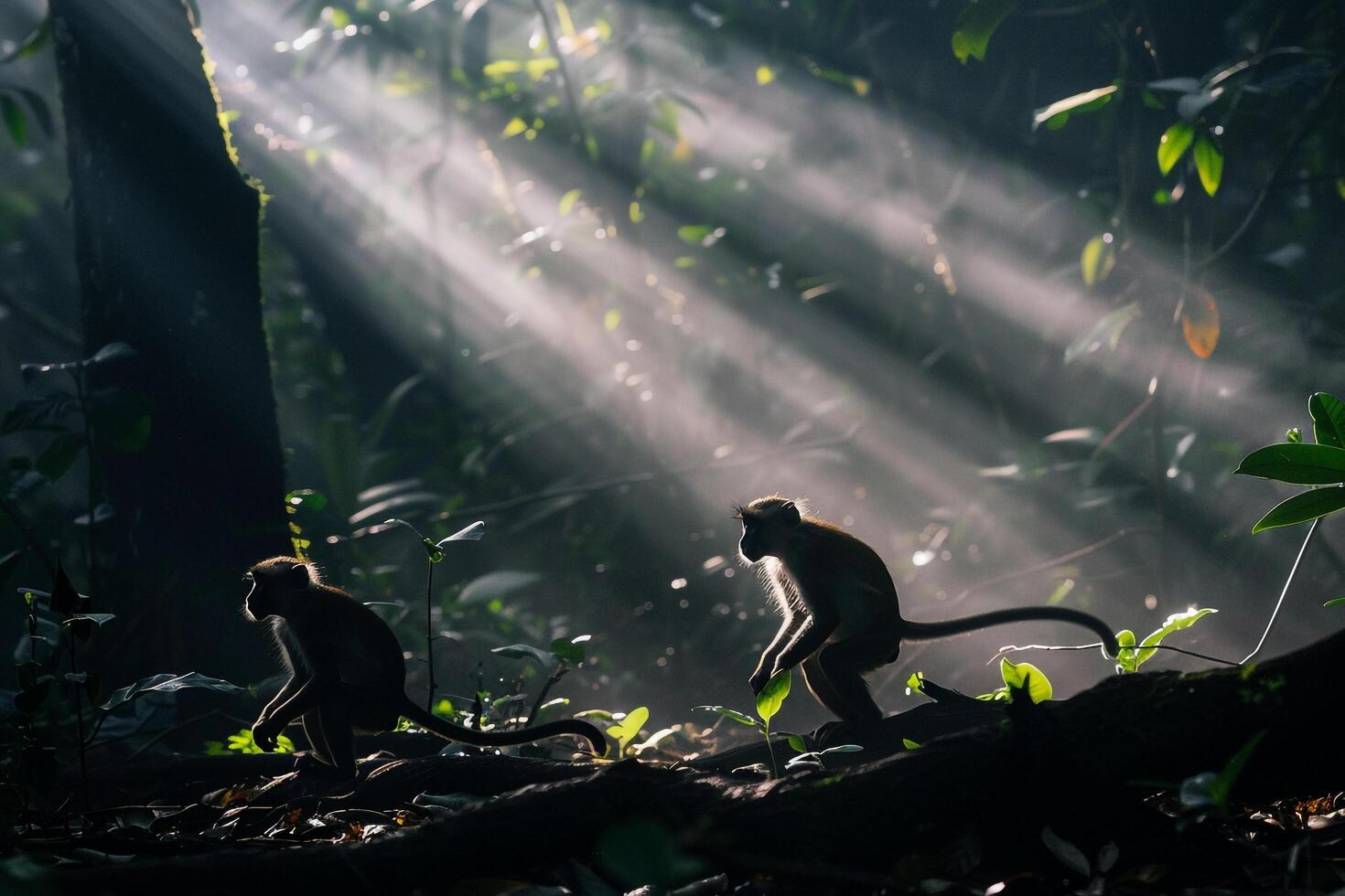 Playful Monkeys in Shafts of Sunlight Filtering Through Dense Jungle Foliage Background in Nature photo