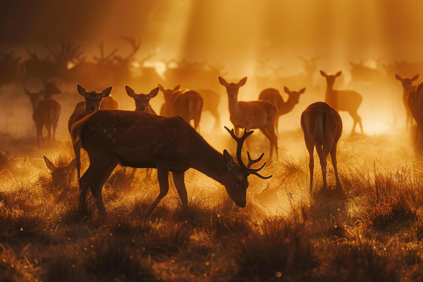 Golden Sunlight Illuminating Herd of Deer Grazing in Misty Meadow Casting Long Shadows Background in Nature photo