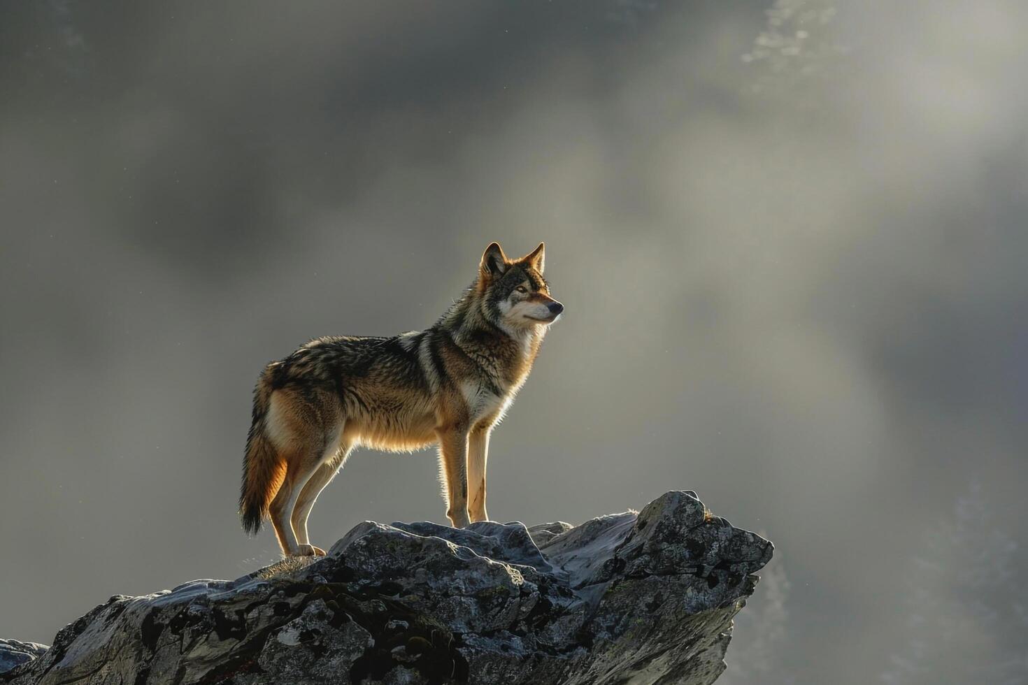 Sunlight Filtering Through Misty Morning Air Illuminating Solitary Wolf on Rocky Outcrop Background in Nature photo