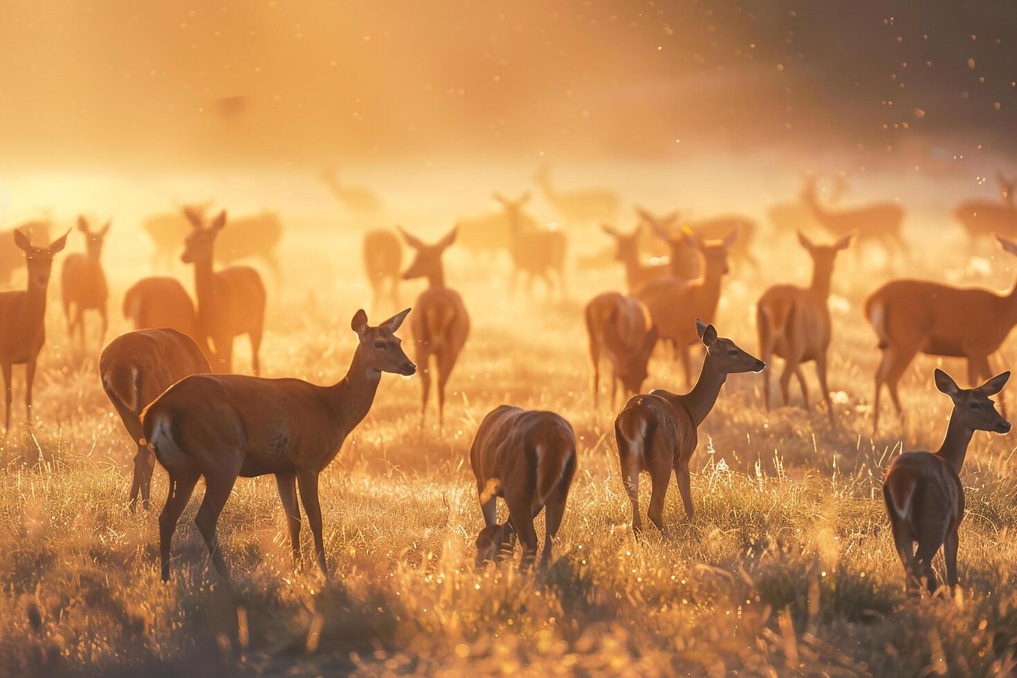 Golden Sunlight Illuminating Herd of Deer Grazing in Misty Meadow Casting Long Shadows Background in Nature photo