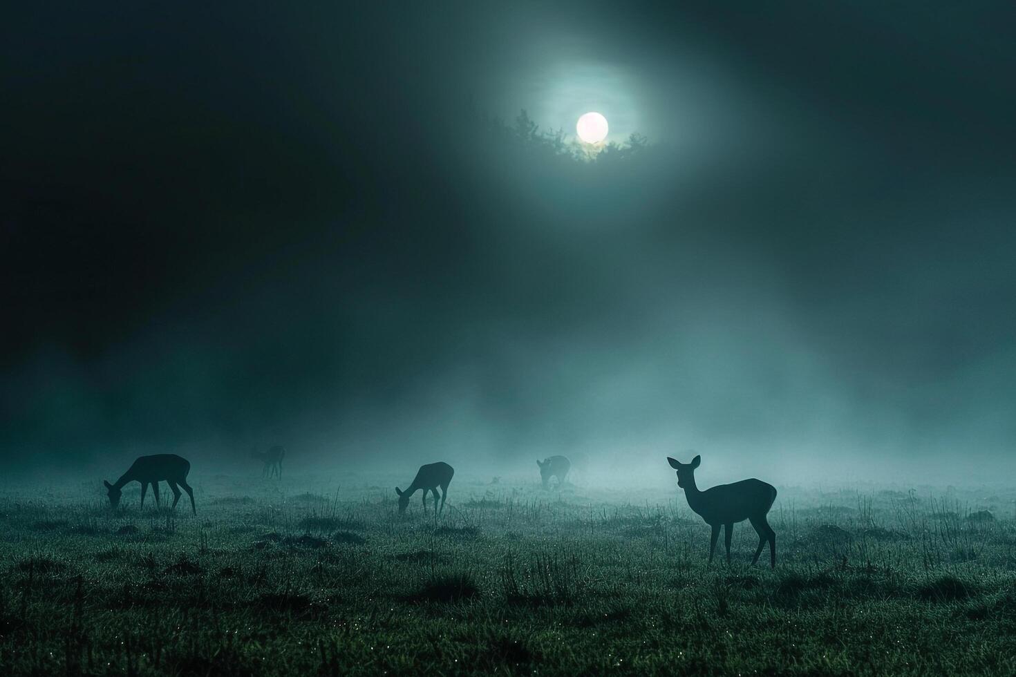 Moonlight Filtering Through Mist Casting Silver Glow on Family of Deer Grazing in Meadow Background in Nature photo