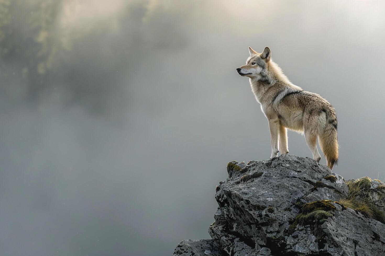 Sunlight Filtering Through Misty Morning Air Illuminating Solitary Wolf on Rocky Outcrop Background in Nature photo