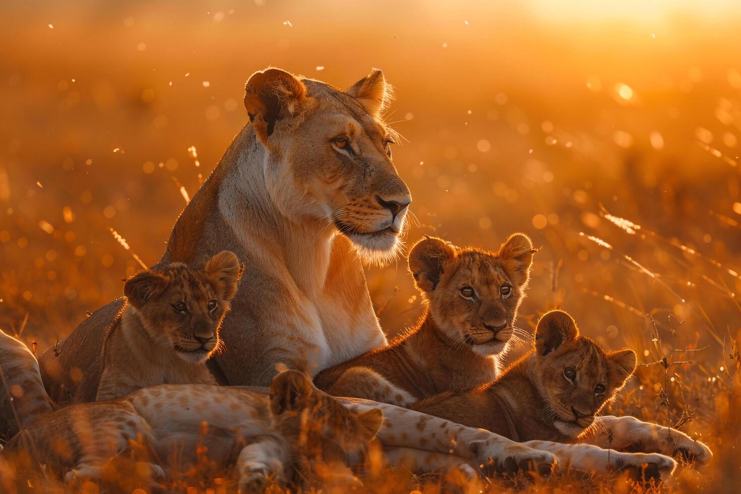 Lioness and Her Cubs Basking in Morning Sunlight on Grassy Plain Background in Nature photo