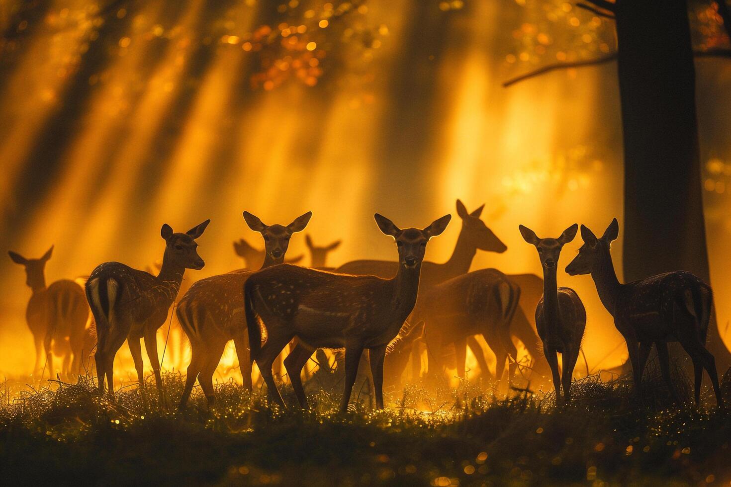 Golden Sunlight Illuminating Herd of Deer Grazing in Misty Meadow Casting Long Shadows Background in Nature photo