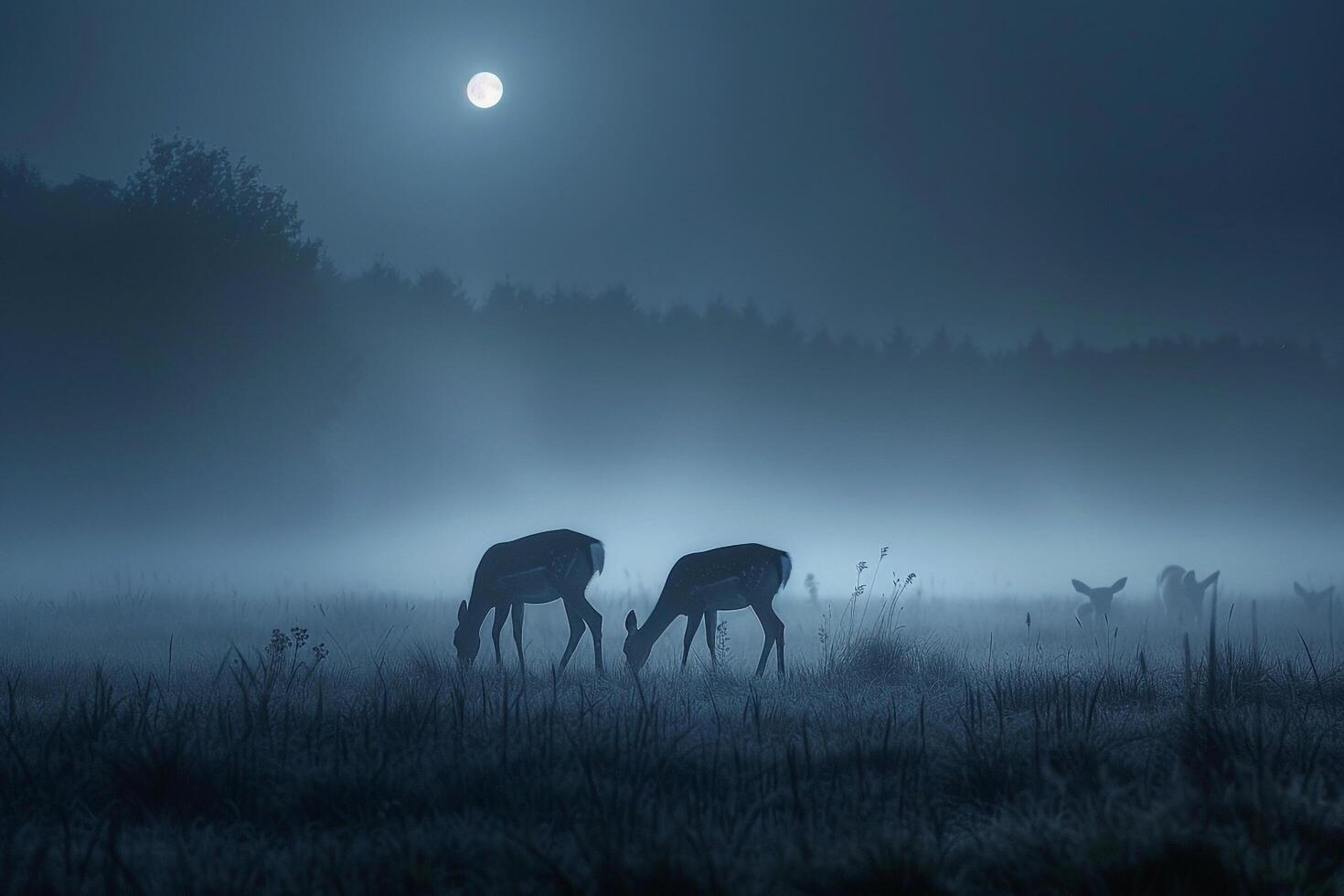 Moonlight Casting Silver Glow on Family of Deer Grazing in Meadow Background in Nature photo