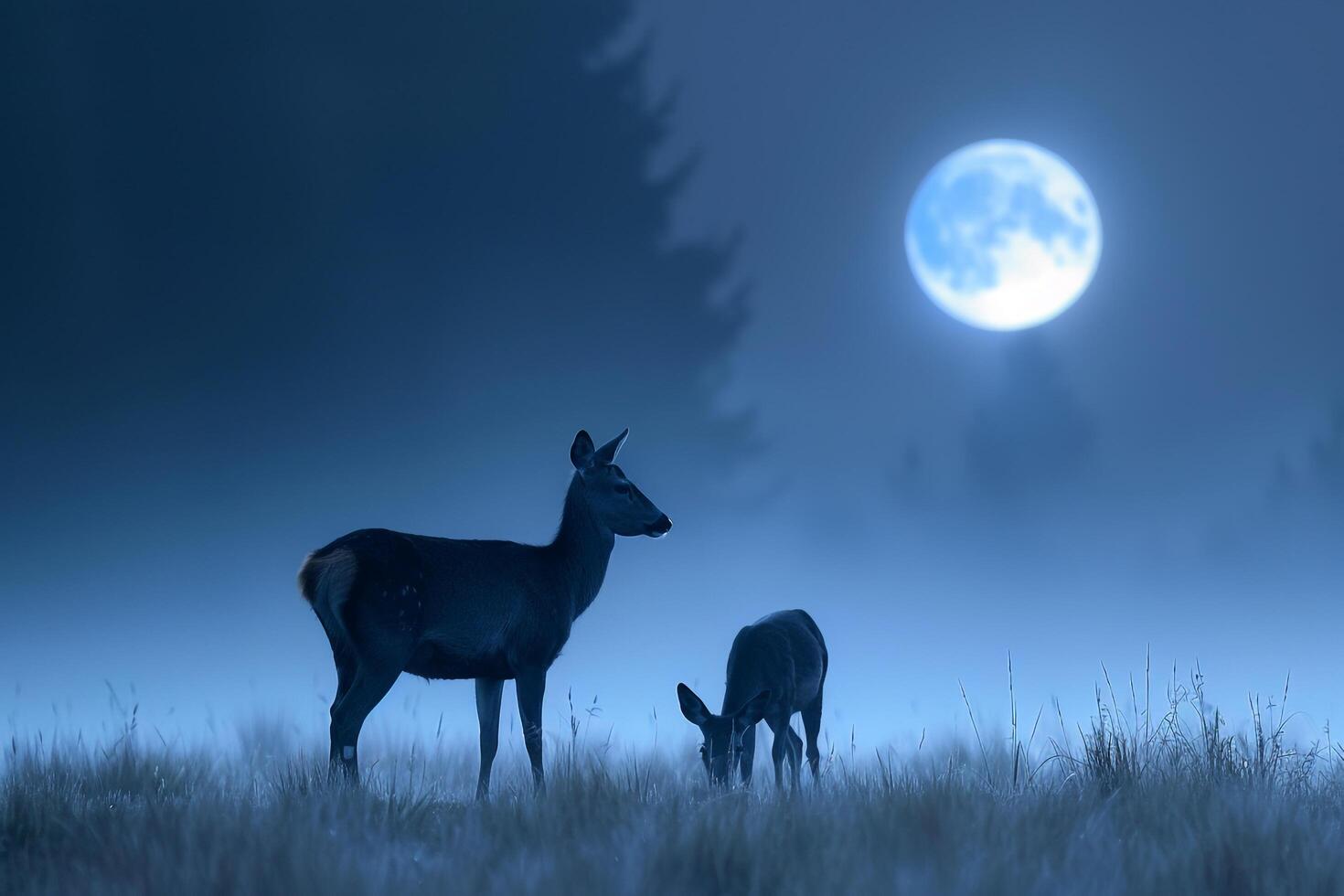Moonlight Casting Silver Glow on Family of Deer Grazing in Meadow Background in Nature photo