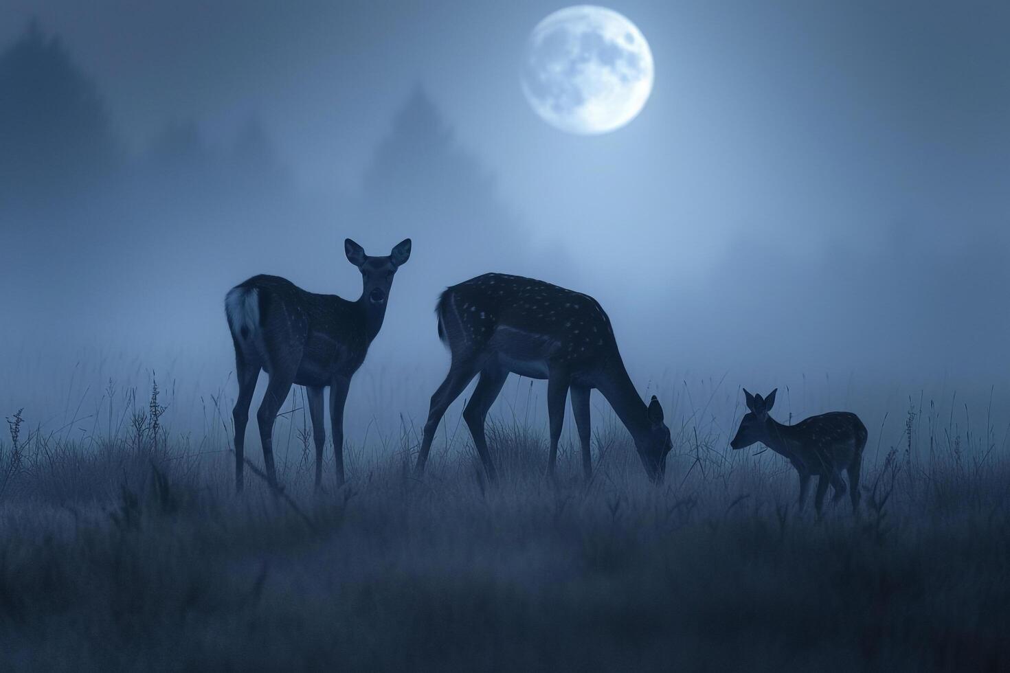 Moonlight Casting Silver Glow on Family of Deer Grazing in Meadow Background in Nature photo