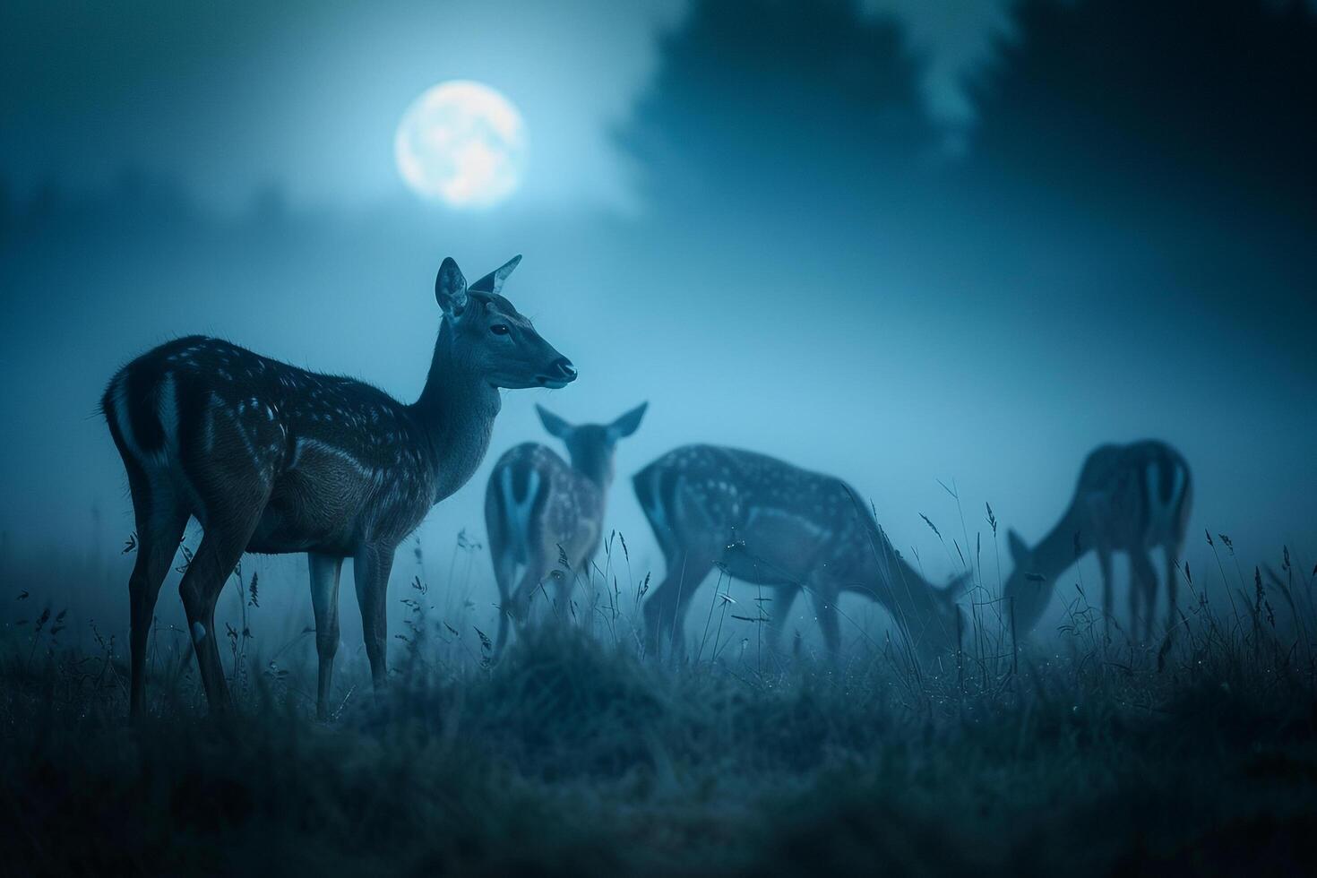 Moonlight Casting Silver Glow on Family of Deer Grazing in Meadow Background in Nature photo