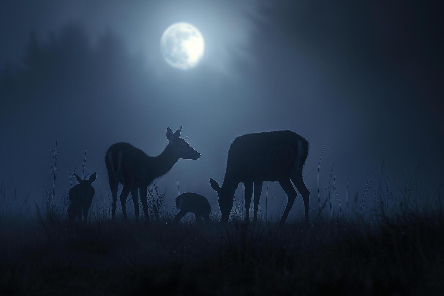 Moonlight Casting Silver Glow on Family of Deer Grazing in Meadow Background in Nature photo