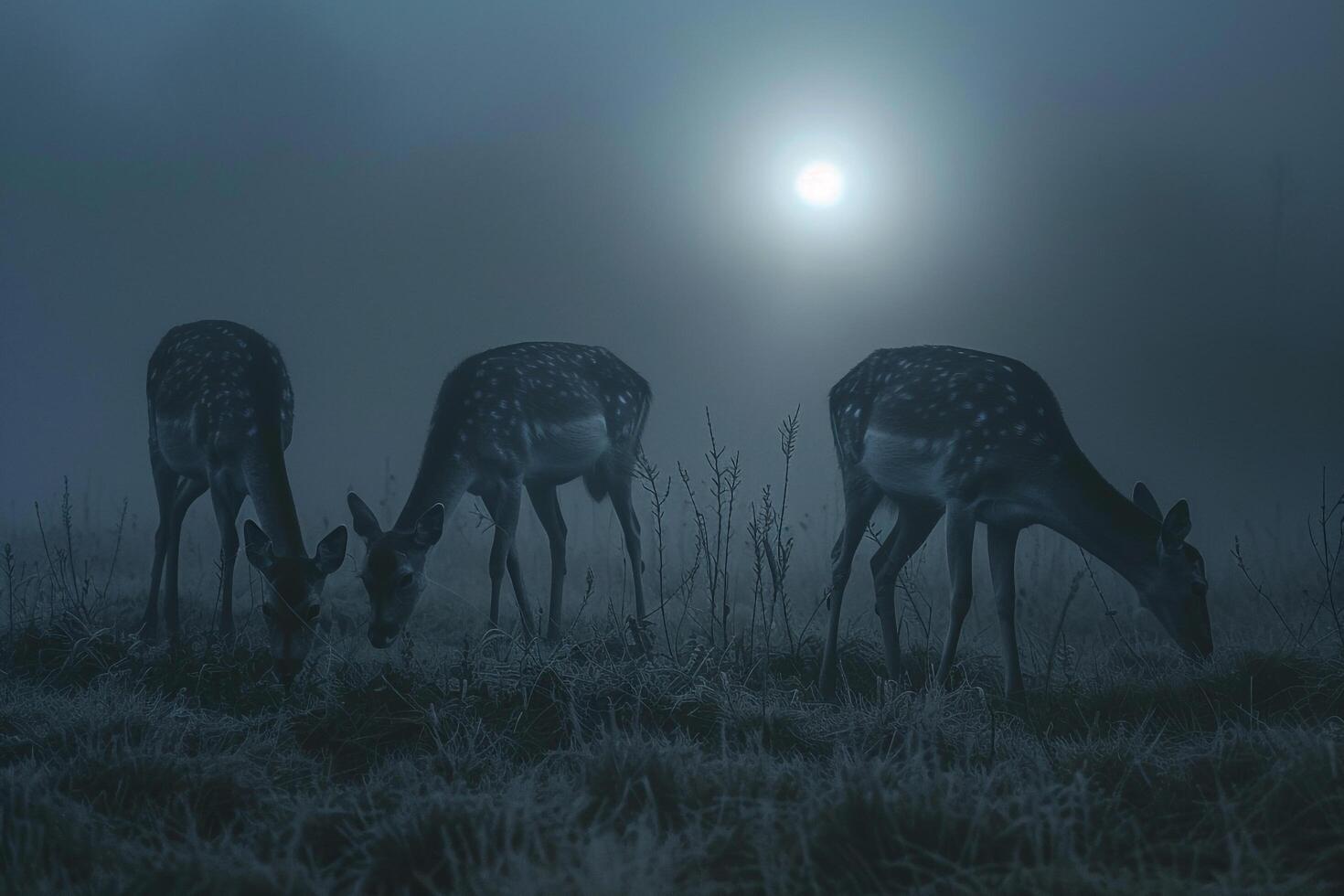 Moonlight Casting Silver Glow on Family of Deer Grazing in Meadow Background in Nature photo