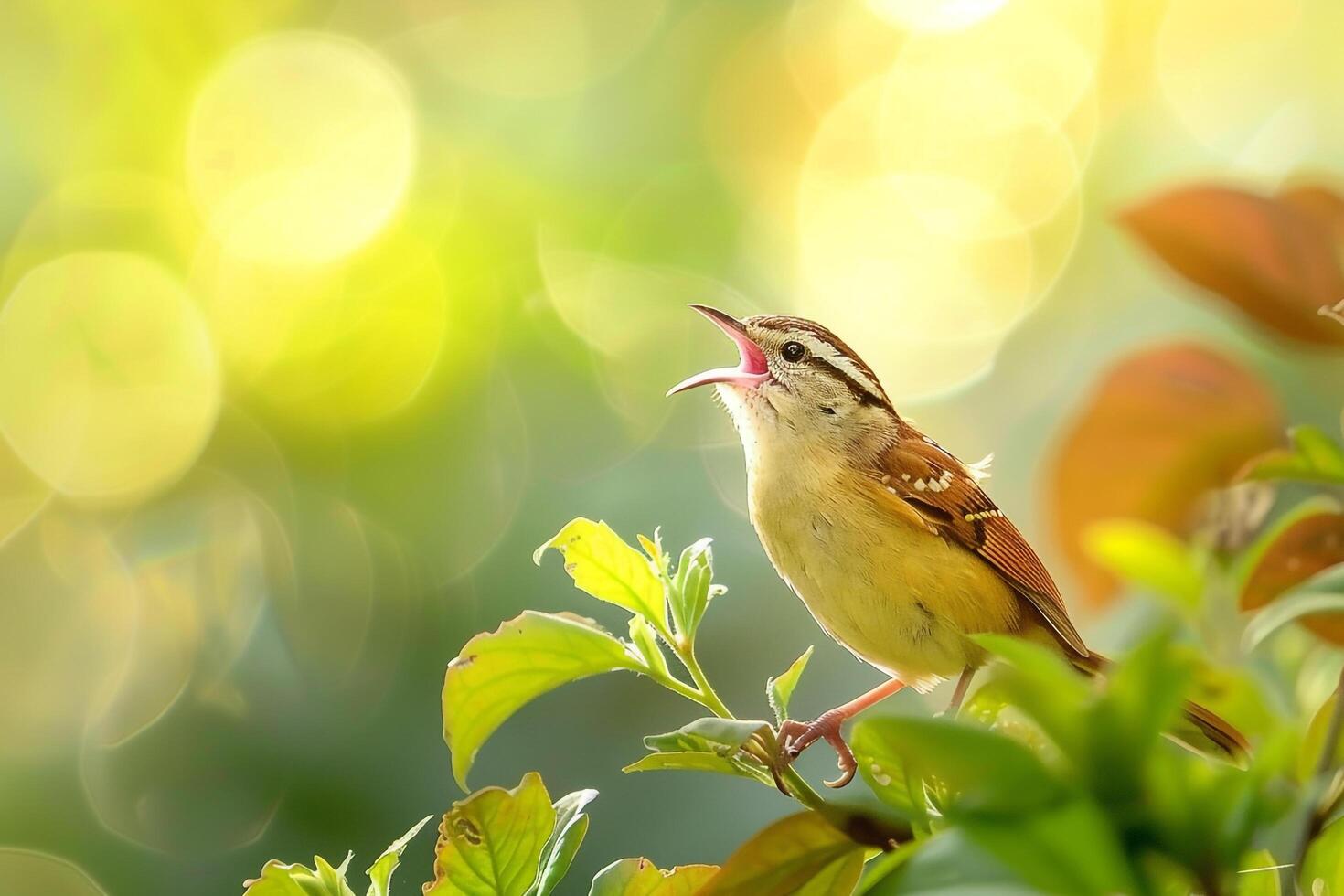 Vibrant Carolina Wren Singing in Garden Setting Background in Nature photo