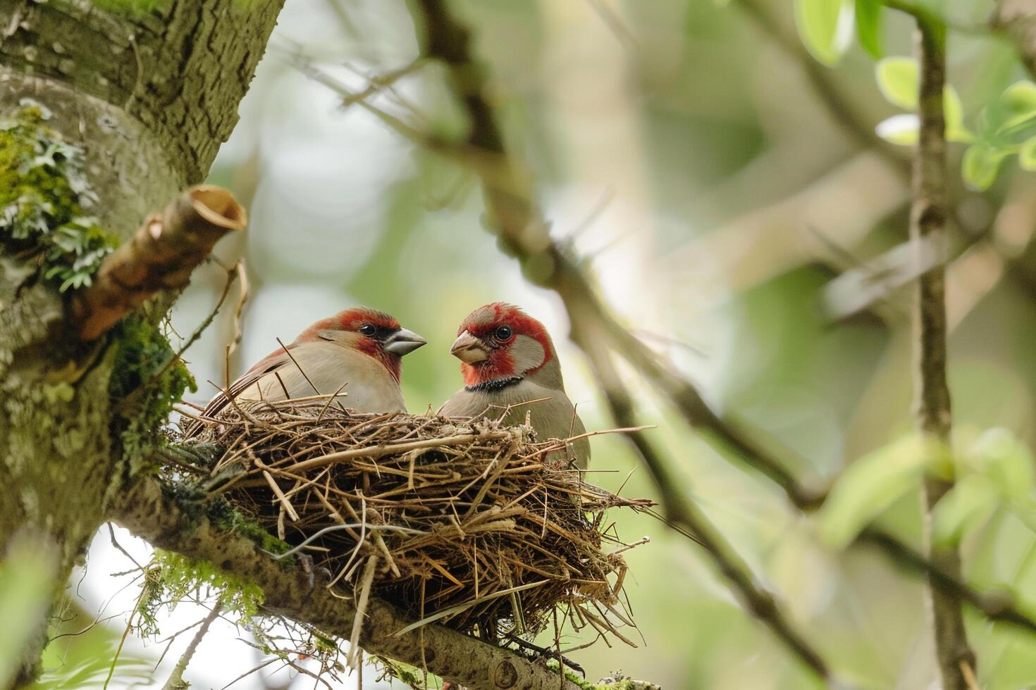 Pair of Finches Constructing Nest in Tree Exchanging Twigs with Precision Background in Nature photo