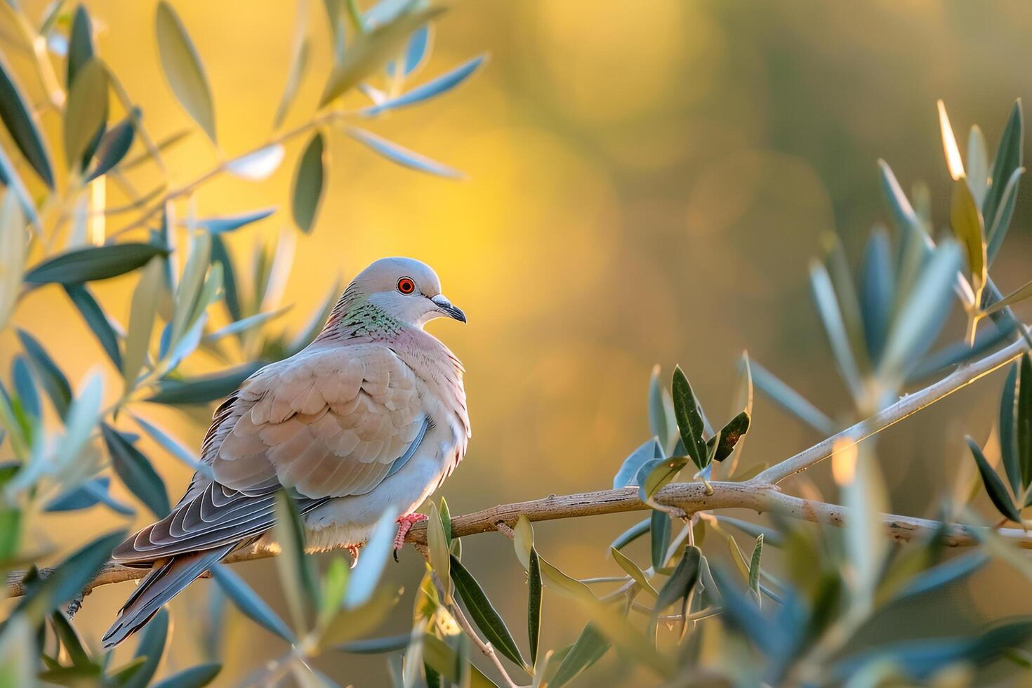 Eurasian Collared Dove in Olive Grove nature background with Morning Light photo