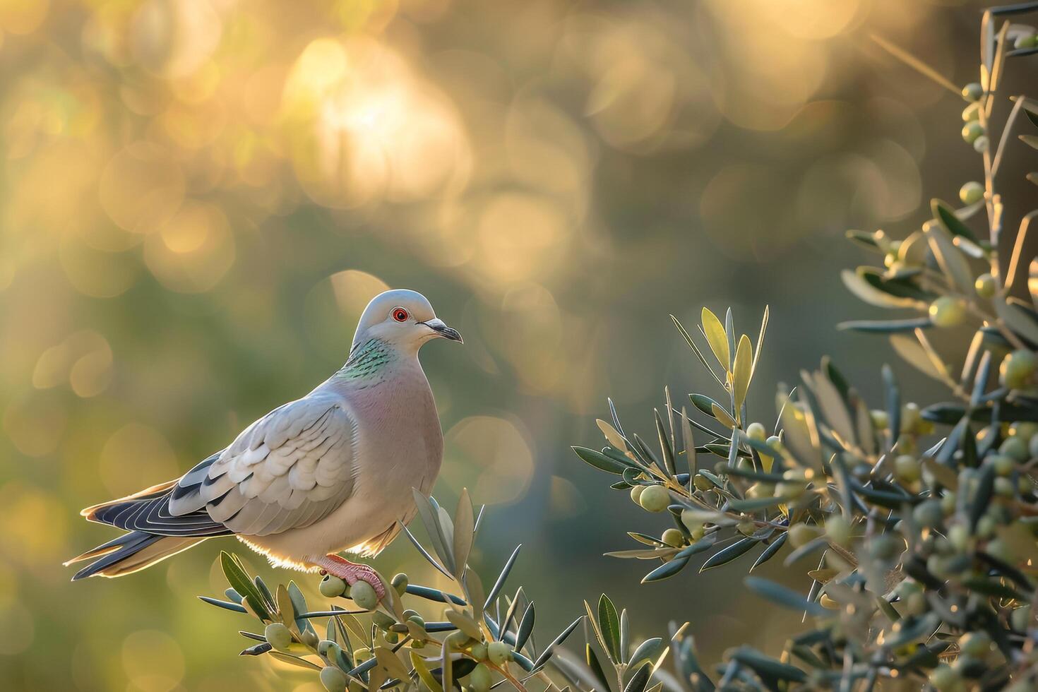 Eurasian Collared Dove Among Olive Branches nature background with Morning Light photo