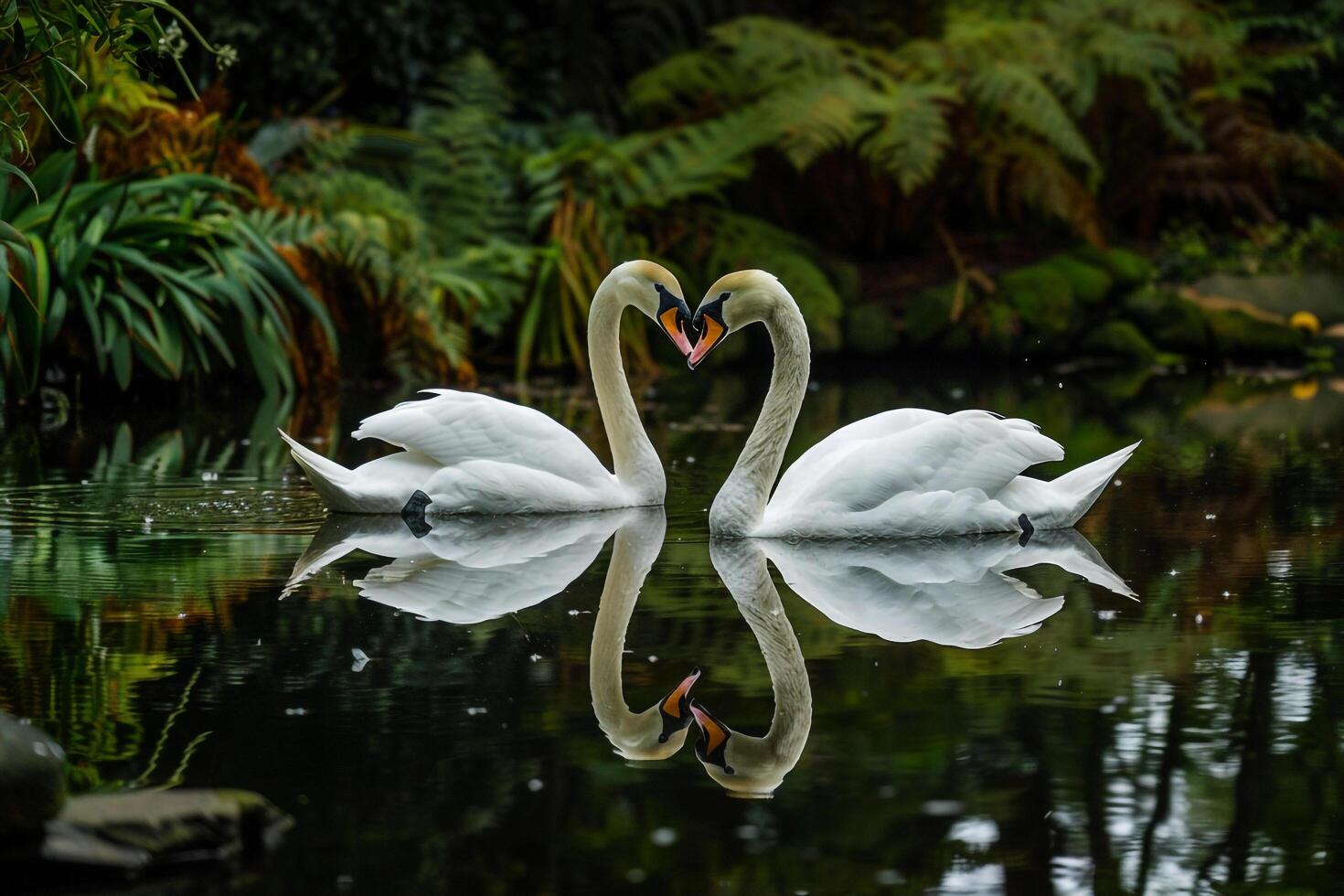 Swans Gliding Gracefully Across Pond in Botanical Garden Background of Shimmering Reflections in Nature photo