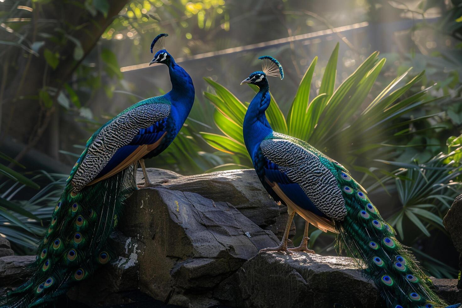 Majestic Peacocks with Colorful Plumage in Botanical Garden nature background of Shimmering Feathers in Sunlight photo