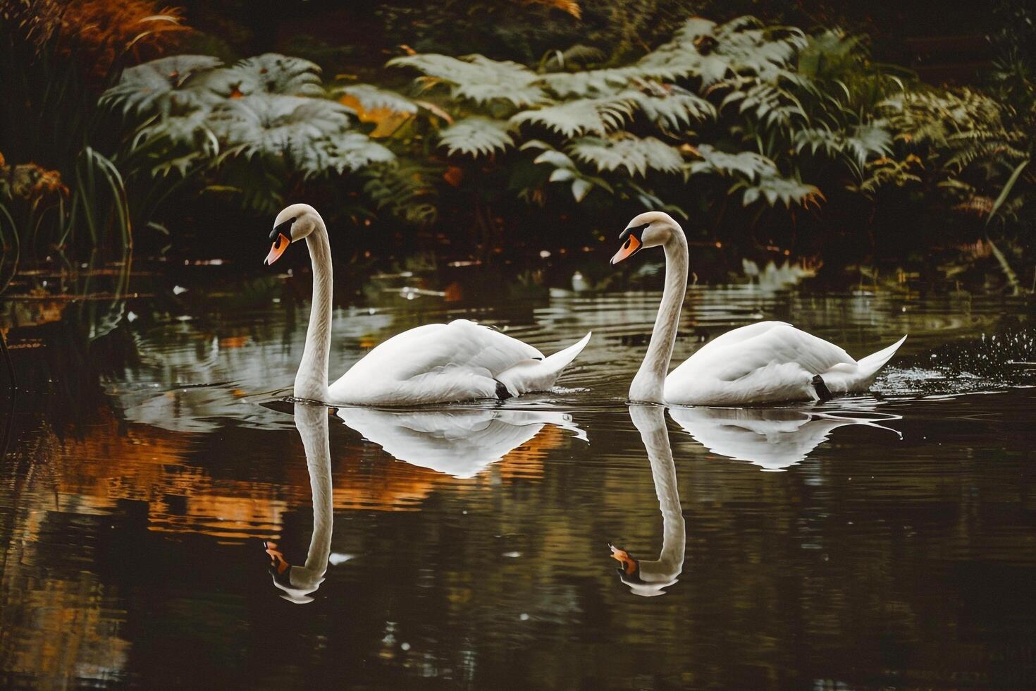 Swans Gliding Across Pond in Botanical Garden nature background of Shimmering Reflections and Tranquil Water photo