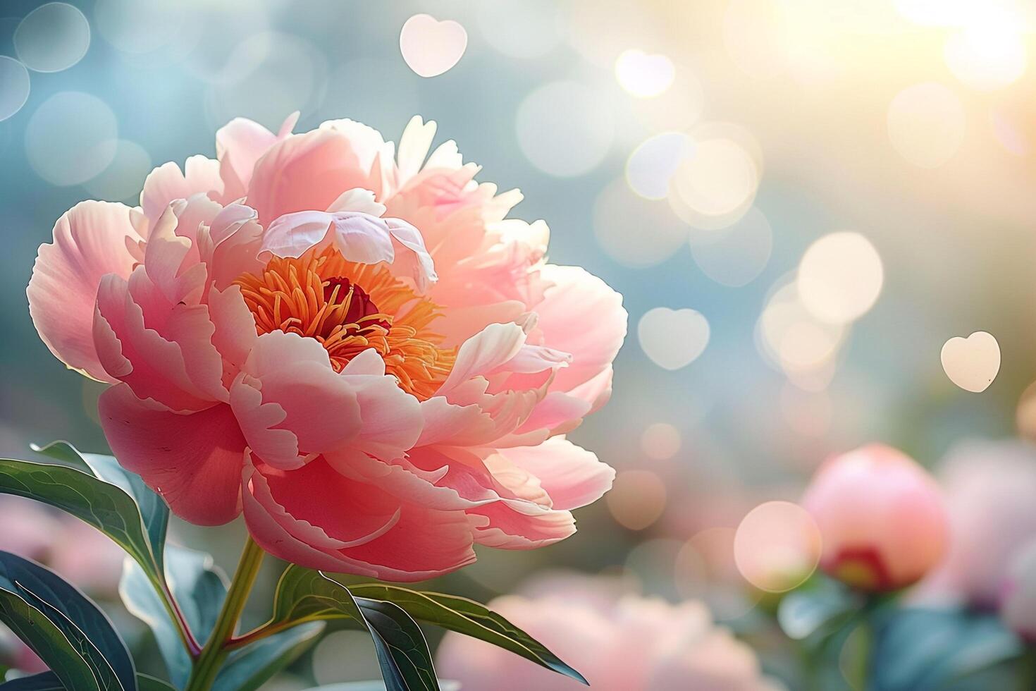 Summer Blossoming Peony Selective  Shallow DOF Toned Light and Heart Bokeh Background in Nature Background photo
