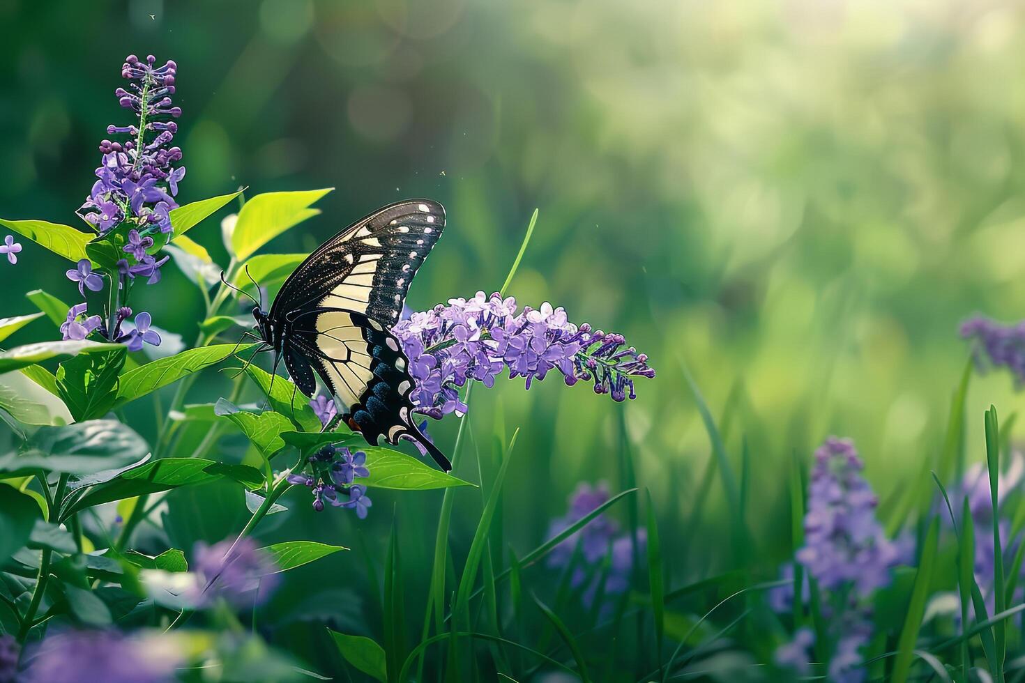 Beautiful Butterfly and Lilac Purple Summer Flowers Nature Background photo