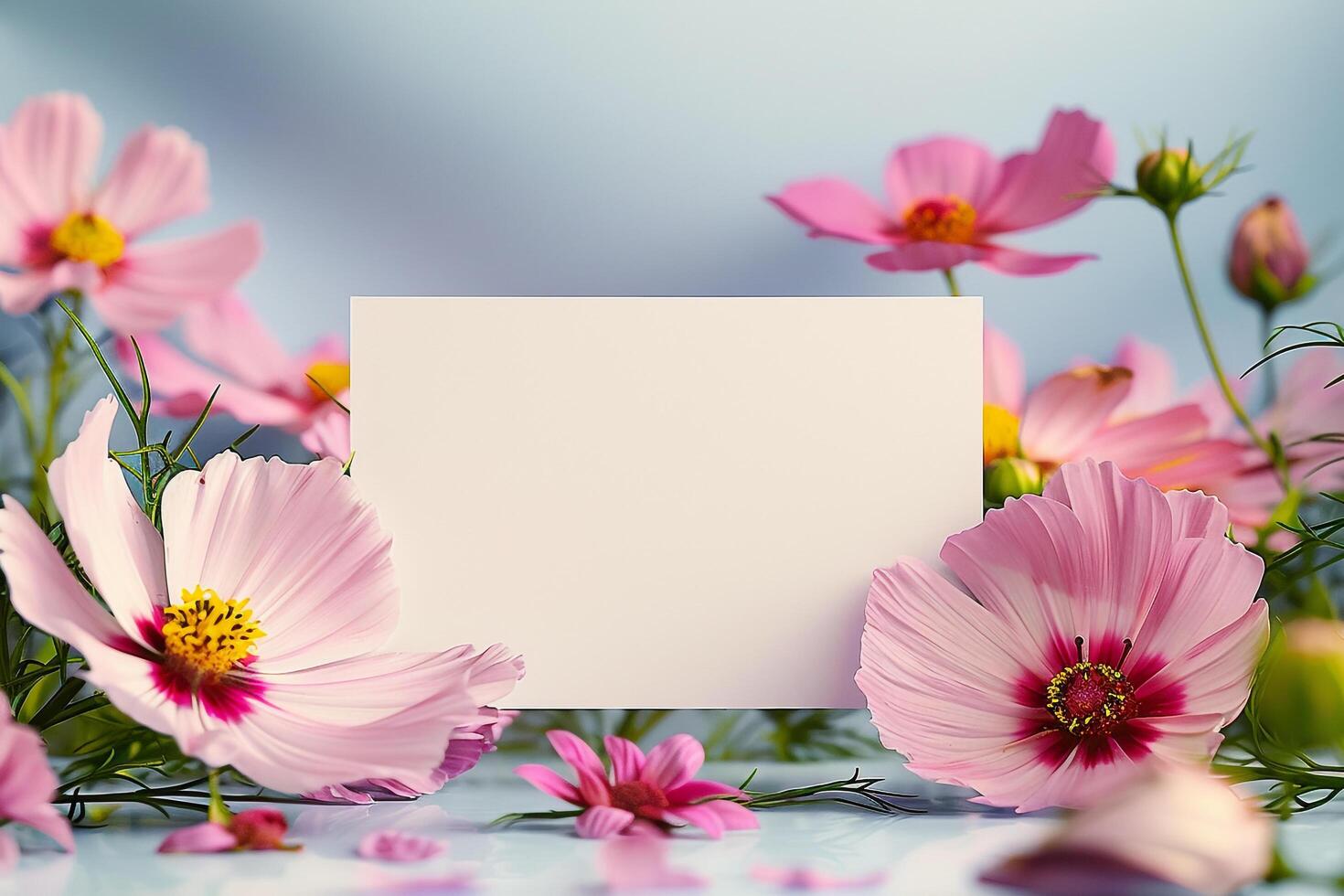 Nature of a Cosmos flower with a blank card on the side set against a Nature  background emphasizing its delicate and  beauty. Nature Background photo